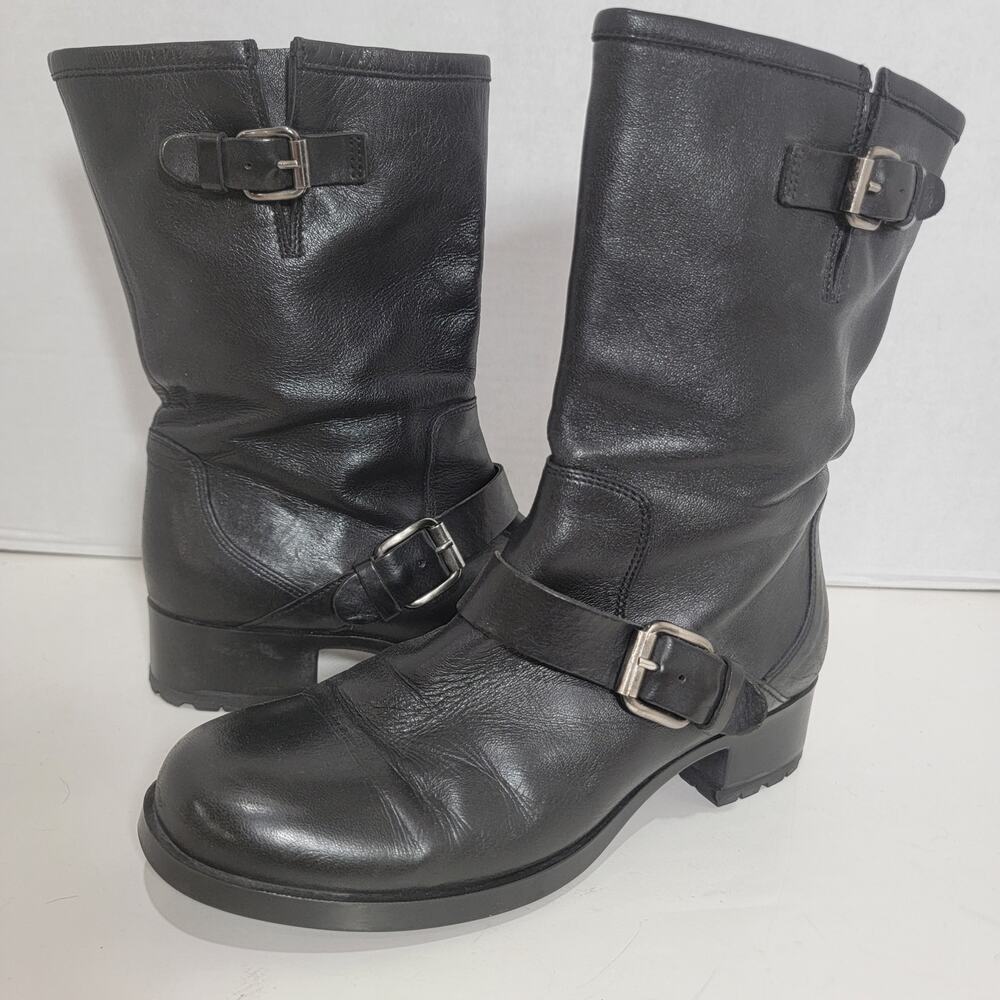 AGL Moto Boots 7.5 Leather Black 37.5 Buckle Motorcycle Below Calf